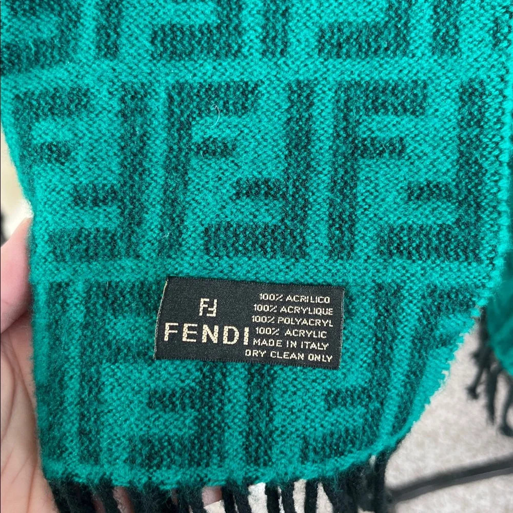 VTG Fendi Green Fringe Black Logo Scarf Wrap - Picture 6 of 8